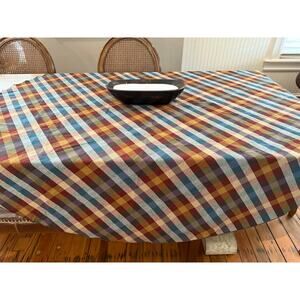 ZARA Home Checked Cotton Linen Tablecloth Maroon Olive Blue Multi